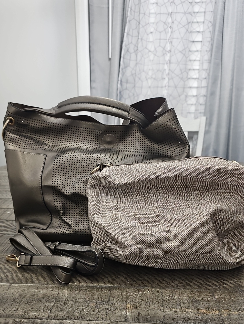 Leather Perforated Tote with Removable Linen Pouch